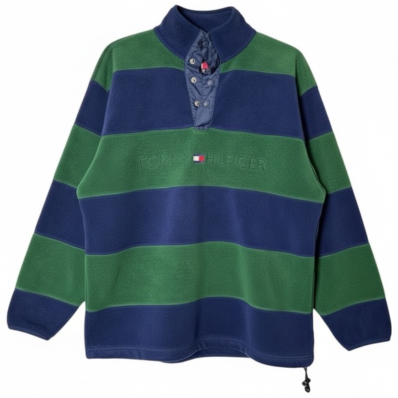 Vintage Tommy Hilfiger 90s Colorblock Fleece Pullover Striped Logo Sweater Sm